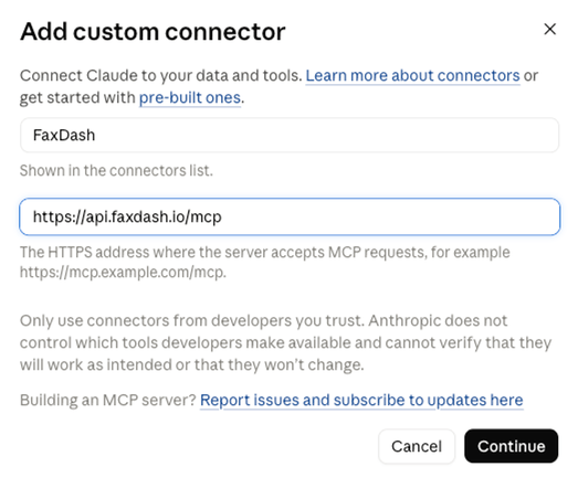 Claude's Add custom connector dialog with the name FaxDash and the server address filled in.