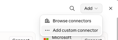 Claude's Add menu, with Add custom connector below Browse connectors.