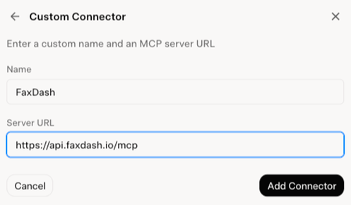 Grok's Custom Connector form with the name FaxDash and the server URL filled in.