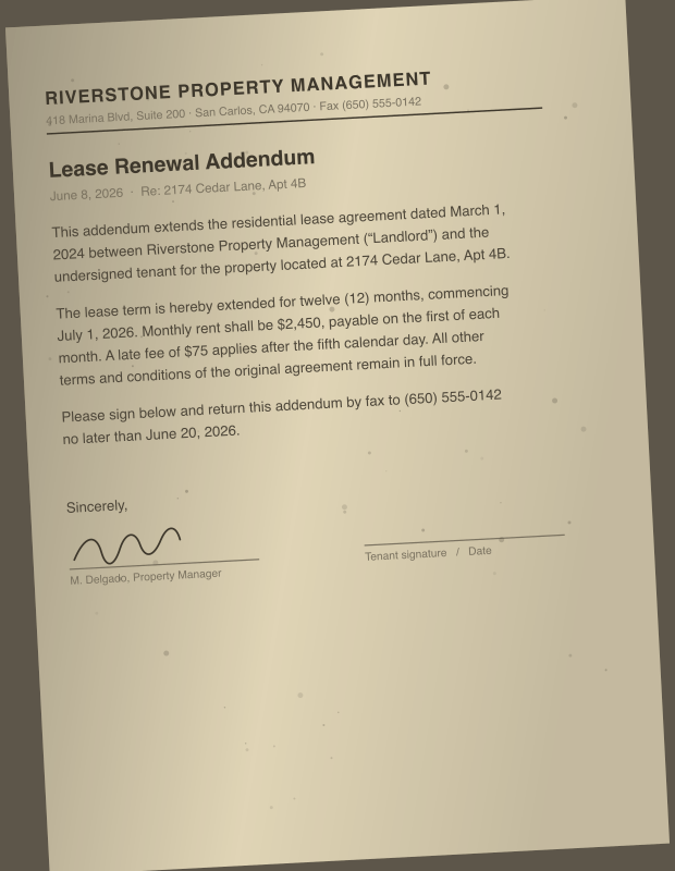 A document photographed with a phone: skewed, shadowed, warm-tinted