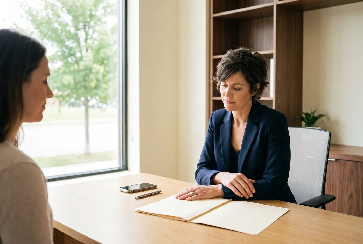 An insurance advisor and client review paperwork together at an oak table.