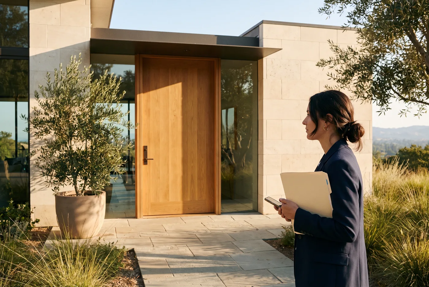 A property professional holds a folder and phone outside a contemporary home.
